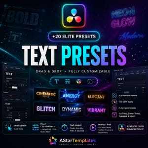 May include: Promotional graphic for text presets, with the words "TEXT PRESETS" in large, colourful letters. The image highlights features like drag and drop functionality, customisation options, and compatibility with DaVinci Resolve. Includes the text "+20 ELITE PRESETS".