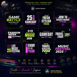 May include: Promotional graphic for DaVinci Resolve text animations. Features multiple text-based templates for events like game battles, music shows, and travel tours. Includes icons for drag & drop, customization, and video tutorials.