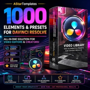 May include: A digital product box for AStarTemplates 1000 Elements & Presets for DaVinci Resolve. The box features a black design with a glowing circular logo, 6K resolution text, and a list of features including titles, transitions, and effects.