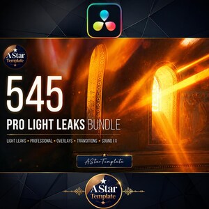以下が含まれることがあります： 「545 PRO LIGHT LEAKS BUNDLE」というテキストが表示されたデジタル製品バンドルの広告。画像は、アーチ型のドアから光線が差し込む、暖かく金色の配色です。この製品には、ライトリーク、オーバーレイ、トランジション、サウンドFXが含まれています。