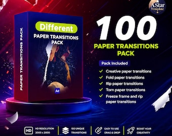 May include: A digital product box labelled Different Paper Transitions Pack featuring 100 paper transitions. The box displays a torn paper effect over a person. Text includes 100 Paper Transitions Pack, Pack Included, HD Resolution 2000 x 2000, and AstarTemplate.