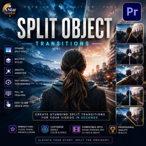 May include: A promotional graphic for a video editing transition pack. The title "SPLIT OBJECT TRANSITIONS" is prominently displayed. Features include dynamic split effects, multiple styles, smooth animation, and fast render performance. Compatible with Adobe Premiere Pro.