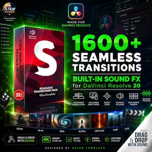 May include: An advertisement for a DaVinci Resolve 20 'Seamless Transitions Pack' with over 1600 transitions. The pack includes sound effects, 4K Ultra HD, and is easy to use. The design features a red and white color scheme with the letter 'S'.