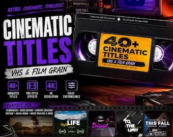 Cinematic Titles Pack for Premiere Pro | 40+ VHS Film Grain Title Templates | Retro Vintage Typography | 4K Editable Motion Graphics