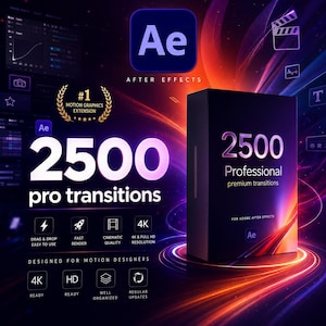 Może przedstawiać: Obraz promocyjny dla Adobe After Effects, przedstawiający czarne pudełko z napisem "2500 profesjonalnych przejść premium". Obraz zawiera logo "Ae", tekst "After Effects" oraz ikony wskazujące funkcje, takie jak rozdzielczość 4K.