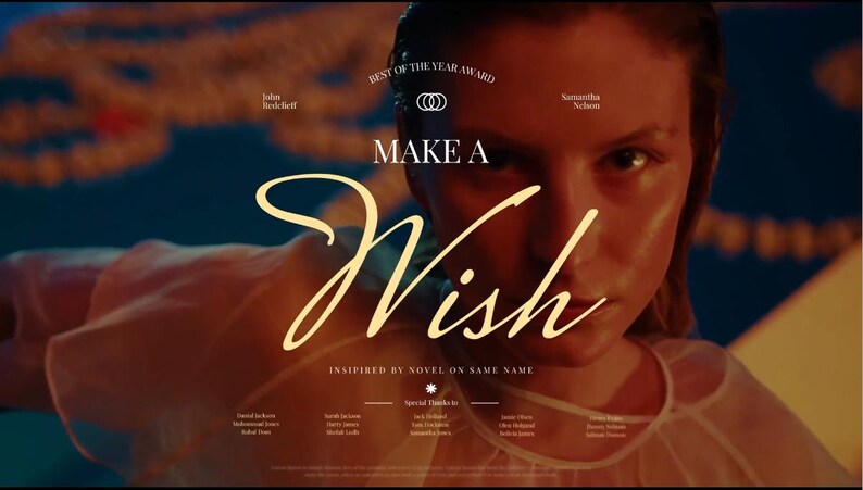 Puede incluir: Imagen promocional con el texto "MAKE A Wish" en escritura elegante. La imagen presenta a una mujer con un brillo suave y c&aacute;lido, con texto que dice "BEST OF THE YEAR AWARD" e "INSPIRED BY NOVEL ON SAME NAME".