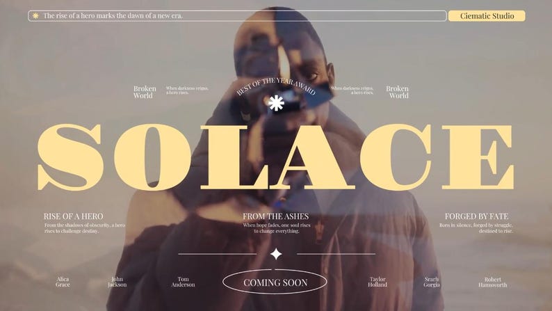 Puede incluir: Imagen promocional de "SOLACE" con una persona borrosa en el fondo. La palabra "SOLACE" est&aacute; en letras grandes y doradas. El texto incluye "Rise of a Hero", "From the Ashes" y "Forged by Fate". La frase "Coming Soon" tambi&eacute;n es visible.