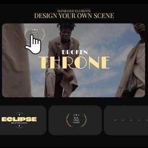 Puede incluir: Imagen promocional con el texto "SEPARATED ELEMENTS DESIGN YOUR OWN SCENE". La imagen central presenta a una persona con un traje color beige con las palabras "BROKEN THRONE" en dorado. Debajo hay opciones de dise&ntilde;o con texto y gr&aacute;ficos.