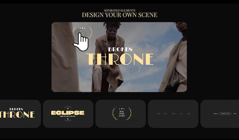 Puede incluir: Imagen promocional con el texto "SEPARATED ELEMENTS DESIGN YOUR OWN SCENE". La imagen central presenta a una persona con un traje color beige con las palabras "BROKEN THRONE" en dorado. Debajo hay opciones de dise&ntilde;o con texto y gr&aacute;ficos.