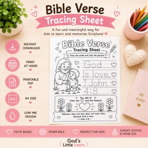 May include: A white Bible Verse Tracing Sheet featuring a black and white illustration of a person with a child, dotted lines for tracing the words God is love 1 John 4:8, and a section to color flowers and a heart, with text at the bottom.