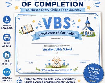 Attestato di completamento del VBS / Riconoscimento cristiano stampabile per bambini (download immediato)