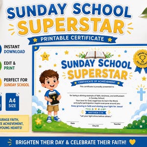 Op de afbeelding: Een afdrukbaar certificaat met de tekst "SUNDAY SCHOOL SUPERSTAR". Het certificaat toont een stripfiguur die een boek, sterren en een kruis vasthoudt. Het certificaat is ontworpen om geloof aan te moedigen en prestaties te erkennen.