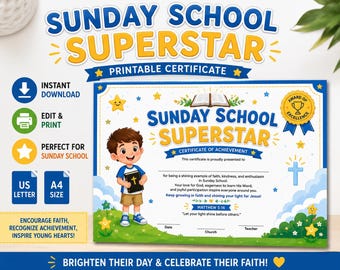 Sunday School Superstar Certificate | Printable Church Award for Kids |  Graduation Award PDF