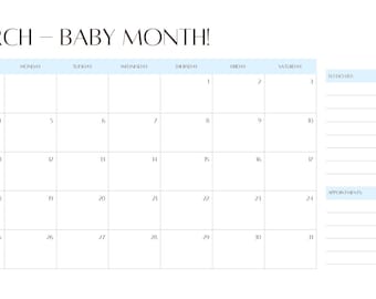 Calendario para futuras mamás de marzo de 2027 (2026-2027) con mes del bebé personalizado.