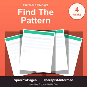 Op de afbeelding: Afbeelding van een afdrukbare tracker met de titel "Find The Pattern" op een rode achtergrond. De afbeelding toont vier witte vellen papier met groene accenten en een cirkelvormige afbeelding met "4 Weeks". De tekst onderaan luidt "SparrowPages - Therapist-Informed".