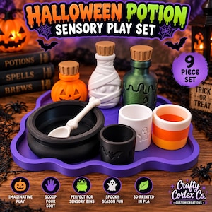 Puede incluir: Un set de juego sensorial de pociones de Halloween de 9 piezas que incluye una bandeja morada, un caldero negro con una cuchara en forma de hueso, un frasco de calabaza, una botella de momia, una botella verde, una taza de murciélago, un vaso de fantasma y un vaso de caramelo.