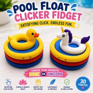 Op de afbeelding: Twee zwembad-float clicker fidget speeltjes, een met een gele eend en een met een witte eenhoorn met paarse manen. Beide staan op gestapelde blauwe, gele en rode ringen. Tekst: POOL FLOAT CLICKER FIDGET, SATISFYING CLICK. ENDLESS FUN., CHOOSE YOUR FAVORITE! DUCK OR UNICORN, 3D PRINTED.