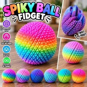 Puede incluir: Un juguete fidget de bola con pinchos de colores arcoíris y superficie texturizada. La imagen incluye el texto SPIKY BALL FIDGET, Sensory Fun, Great for All Ages, Stress Relief, Rotate & Fidget y Twist & Fidget.