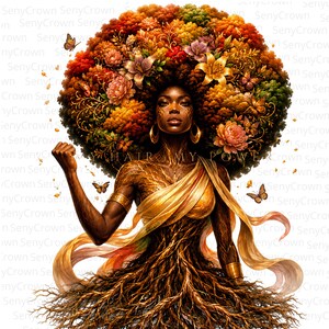 May include: Digital art of a woman with a large afro adorned with flowers and butterflies. Her body is depicted as a tree with roots, wearing a gold draped garment. The text "MY HAIR MY POWER" is visible.