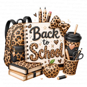 Peut inclure: Un ensemble de fournitures scolaires comprenant un sac à dos à motif léopard, un carnet à spirales avec le texte Back to School, deux livres empilés, un nœud léopard, un pot à crayons avec ciseaux et crayons, et une pomme léopard.