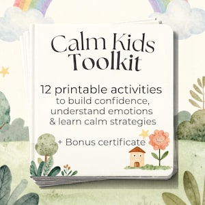 Op de afbeelding: Een stapel witte kaarten getiteld Calm Kids Toolkit, met 12 printbare activiteiten om zelfvertrouwen op te bouwen, emoties te begrijpen en kalmeringsstrategieën te leren, plus een bonuscertificaat. Achtergrond met aquarel regenboog.