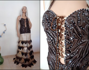 Steampunk Brown Beige Dress: Elegance with Embroidery and Fabric Manipulation, a Masterpiece of Faux Leather, Taffeta, Floral Decorations!