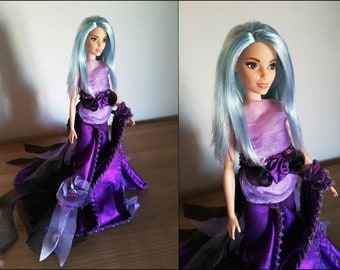 Purple Gothic Doll Dress: Unique Elegance with Metallic Lycra and Organza, Handcrafted. Exclusive for Doll Collectors!
