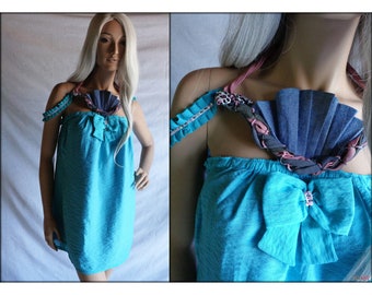 Short Turquoise Green Dress: Flared Style with Ruffles, Bow, and Handcrafted Details for a Unique Dress!