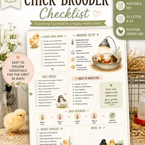 Chick Brooder Checklist Printable | Baby Chick Care Guide | First 30 Days Chick Care | Backyard Chicken Printable PDF | Chicken Planner