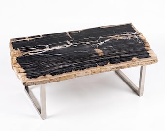 Petrified Wood Coffee Table | Polished Top, Natural Bark Edge, Metal Base