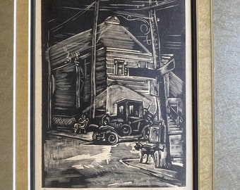 Vintage Wood Block Print named "Model T" by E.M. Washington from 1928 sold with acid free mats.