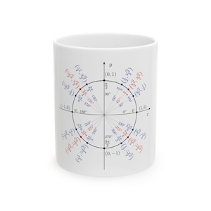 May include: White ceramic mug with a circular diagram of angles and coordinates in red and blue. The mug is cylindrical and designed for hot drinks. The diagram includes measurements in degrees.