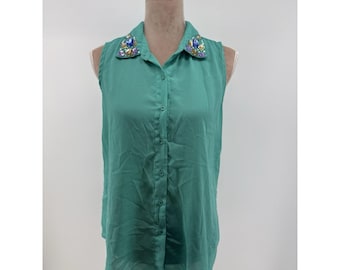 Rue 21 Sleeveless Blouse Large Aqua Jeweled Collar Button Front Y2K Top 90's