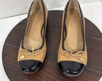 Vionic Mod Daphne Slip On Low Chunk Heel Leather Black Tan Women Shoes USA 8.5