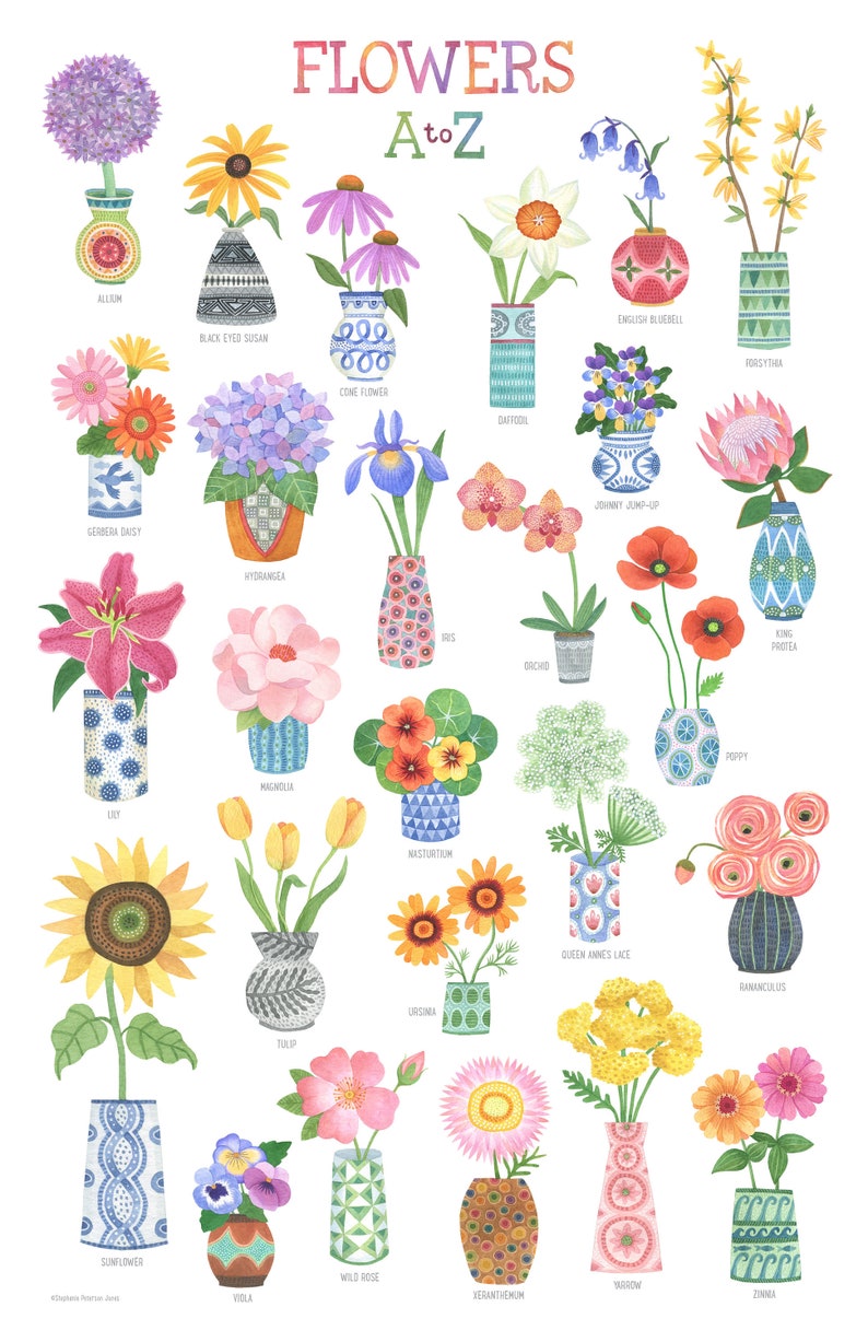 Flower Floral Print Flowers a to z Floral Poster Flower Etsy