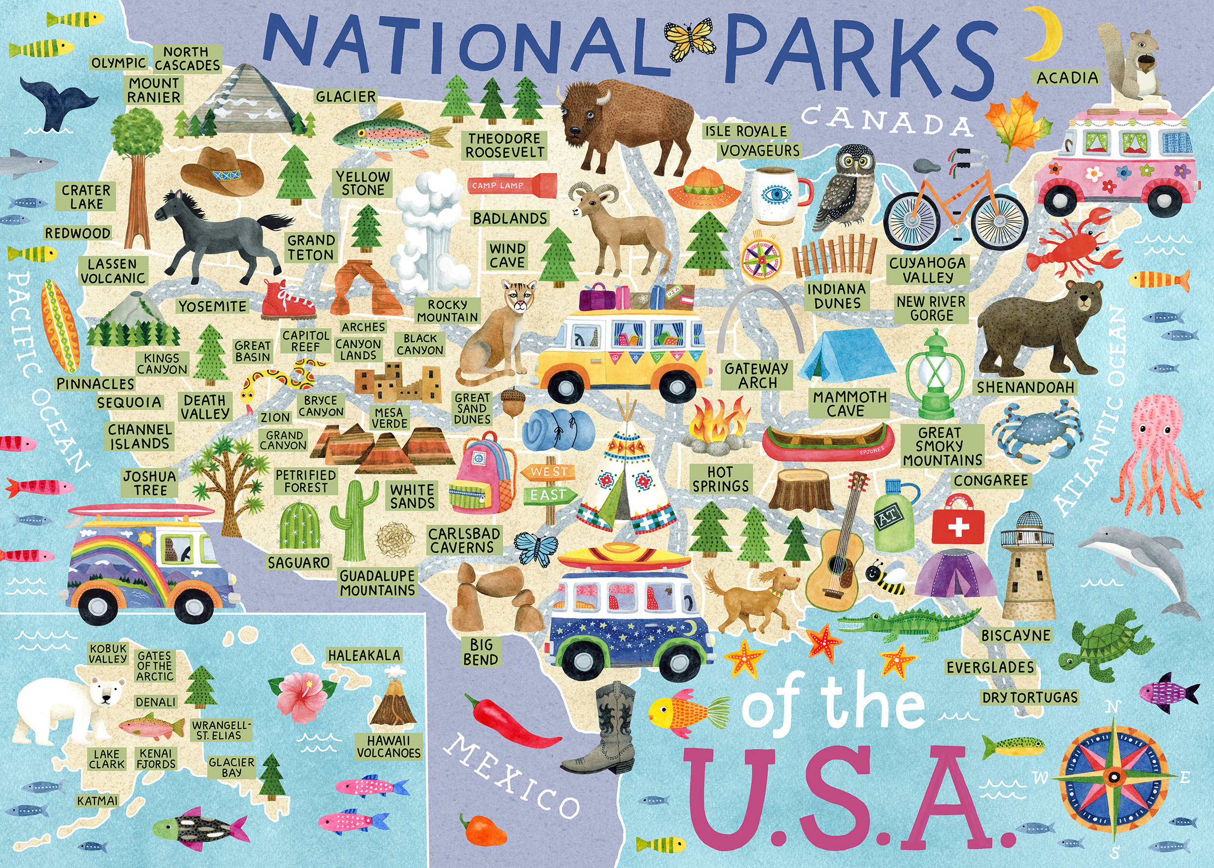 National Parks, USA Map Print, Road Trip, Camper Life, Whimsical Map