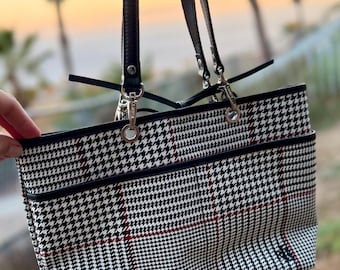 Vintage Lauren Ralph Lauren Houndstooth Canvas Tote Black White Red Zip Logo Strap
