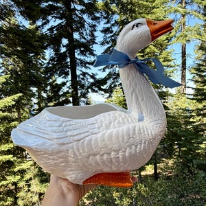 Peut inclure: Un cache-pot en céramique blanche en forme d'oie avec une finition brillante, un bec orange vif et des pattes orange. L'oie présente une texture de plumes sculptée sur le corps et est ornée d'un ruban bleu clair noué autour de son long cou.