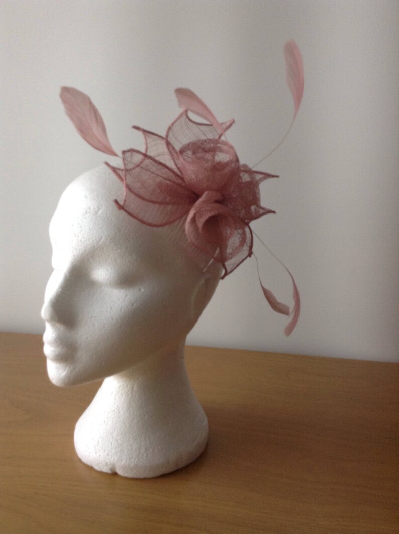 Weddings Prom Cruise Heather Pink Sinamay Leaf and Flower Fascinator with Coq Feathera Fascinator on a comb