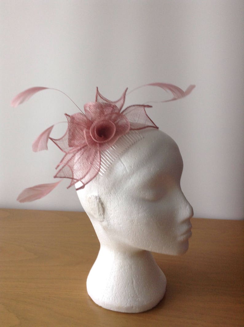 Weddings Prom Cruise Heather Pink Sinamay Leaf and Flower Fascinator with Coq Feathera Fascinator on a comb