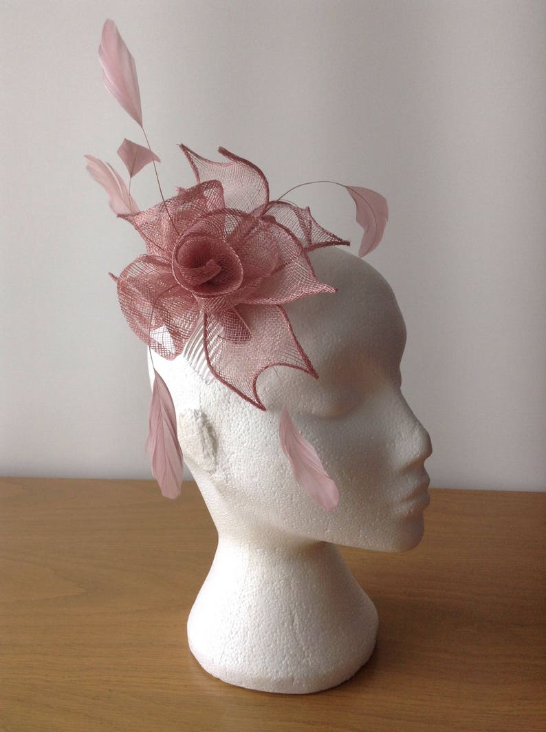 Weddings Prom Cruise Heather Pink Sinamay Leaf and Flower Fascinator with Coq Feathera Fascinator on a comb