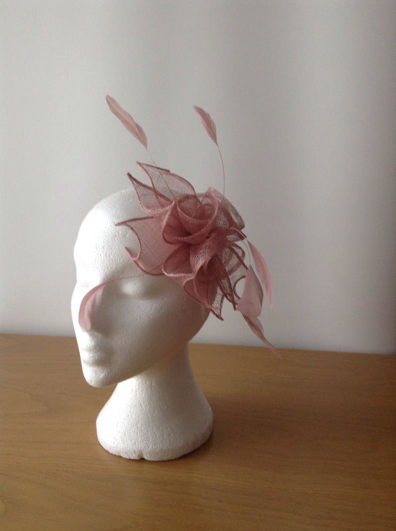 Weddings Prom Cruise Heather Pink Sinamay Leaf and Flower Fascinator with Coq Feathera Fascinator on a comb