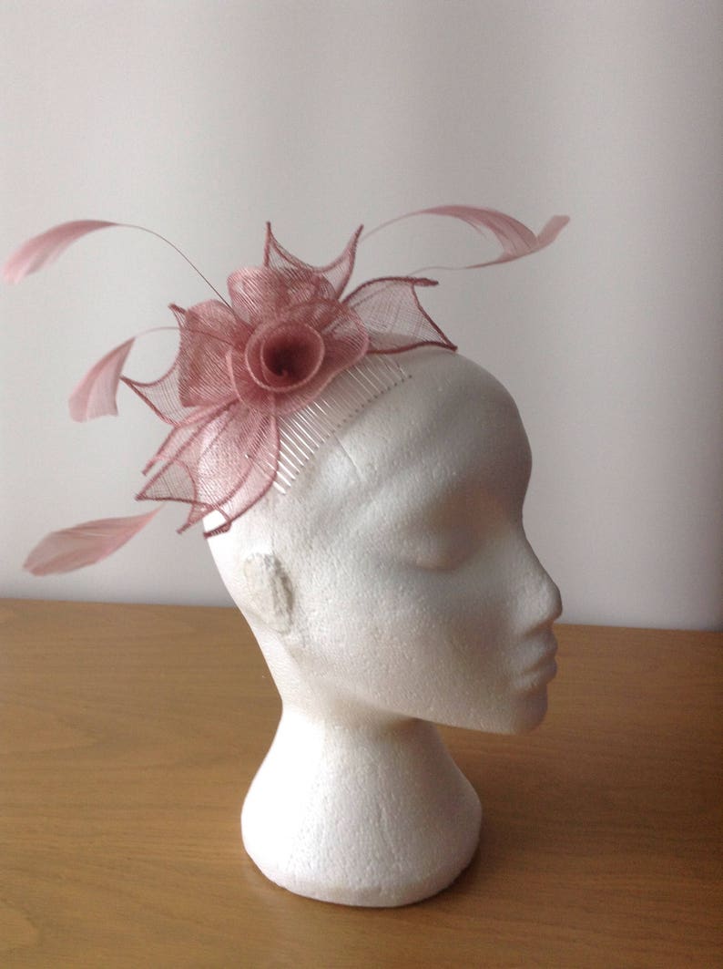 Weddings Prom Cruise Heather Pink Sinamay Leaf and Flower Fascinator with Coq Feathera Fascinator on a comb