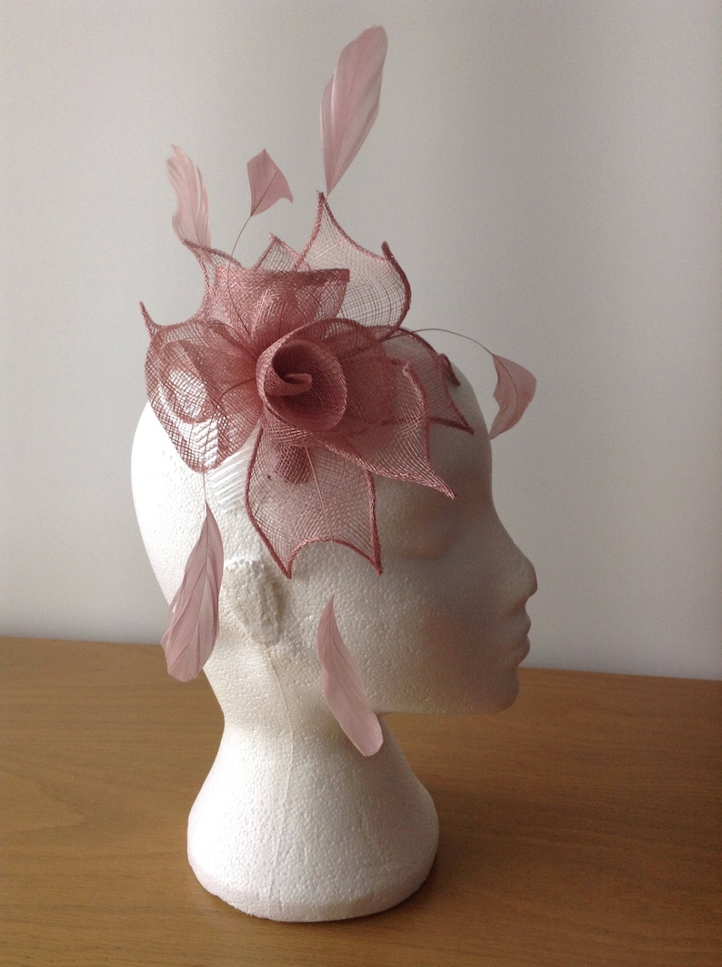 Weddings Prom Cruise Heather Pink Sinamay Leaf and Flower Fascinator with Coq Feathera Fascinator on a comb