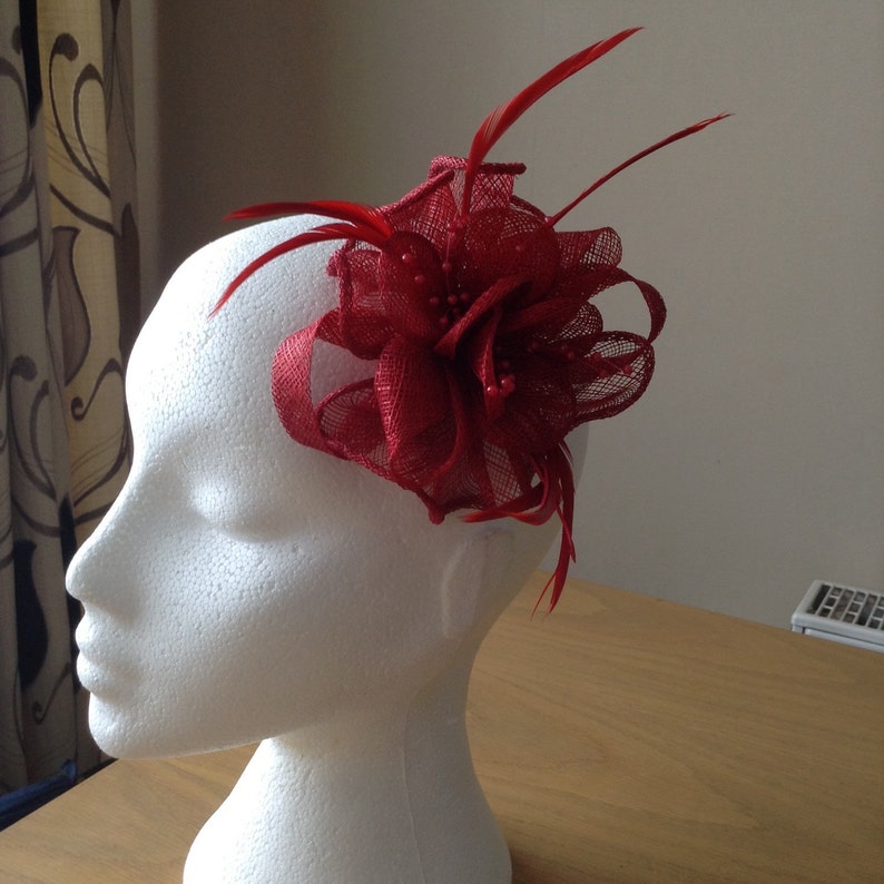 Prom Red Sinamay and Coq Feather Fascinator or Corsage with pearl sprays Races Cruise Weddings
