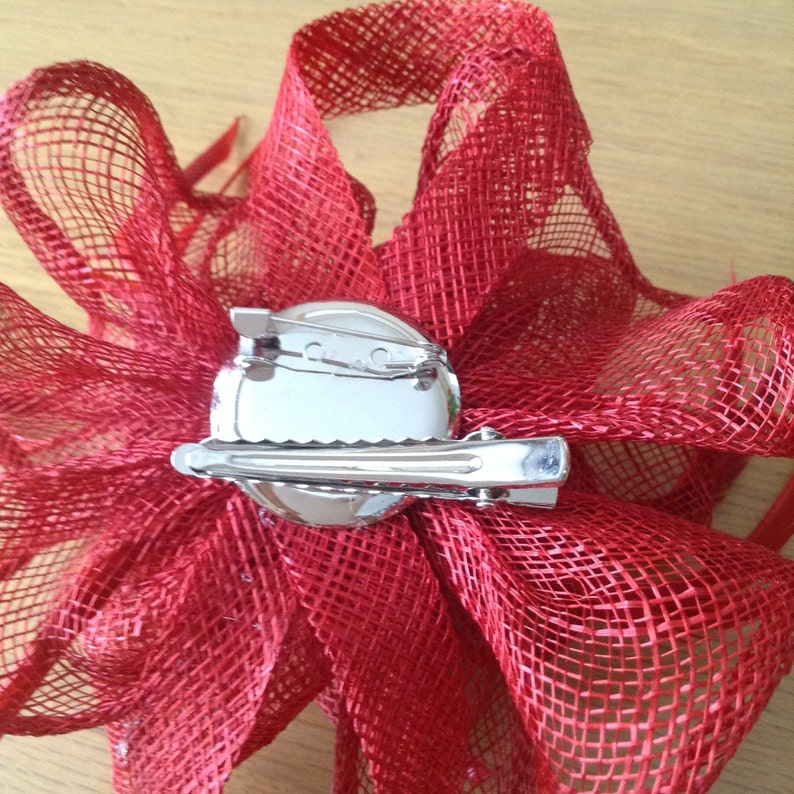 Prom Red Sinamay and Coq Feather Fascinator or Corsage with pearl sprays Races Cruise Weddings