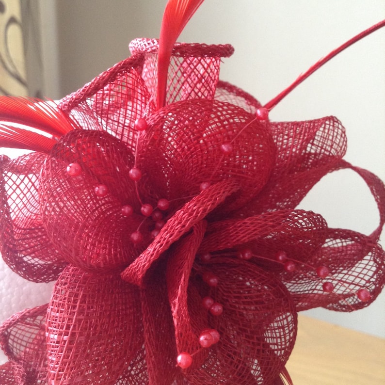 Prom Red Sinamay and Coq Feather Fascinator or Corsage with pearl sprays Races Cruise Weddings