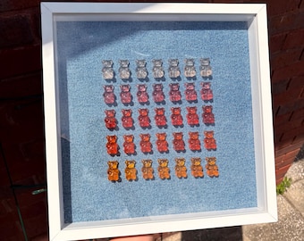 Gummibärchen auf Denim, Wandbild, Pink bis Orange Ombré