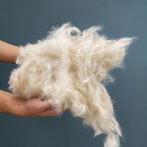 May include: A large, fluffy mass of raw, off-white wool fibers with a soft, crimped texture. The material appears loose and unspun, showcasing the natural, airy quality of the raw fleece with visible individual strands and tangled clusters.