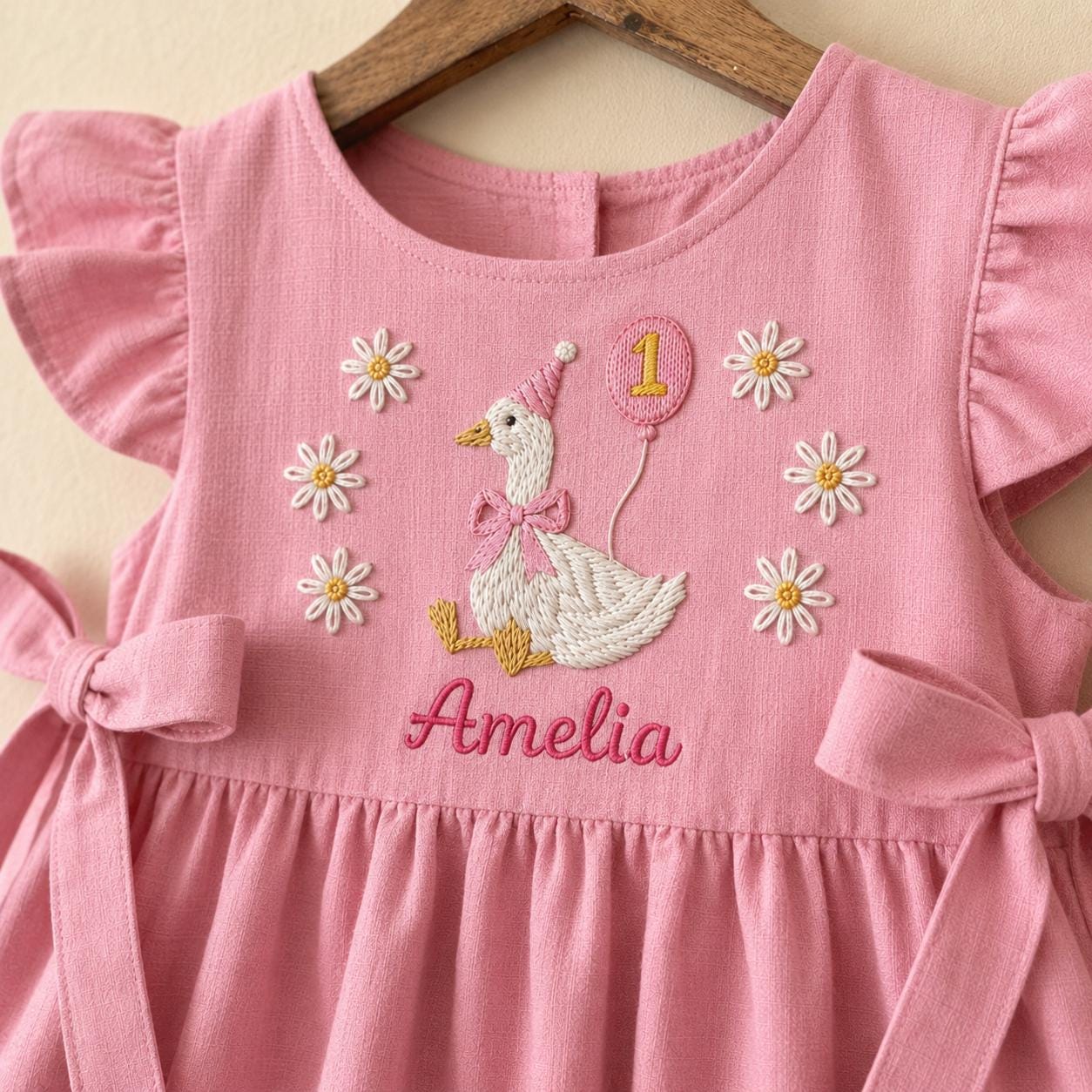 Personalized Hand Embroidered Silly Goose Baby Dress, 1st Birthday Baby Outfit, Custom Toddler Linen Dress, Baby Shower Gift